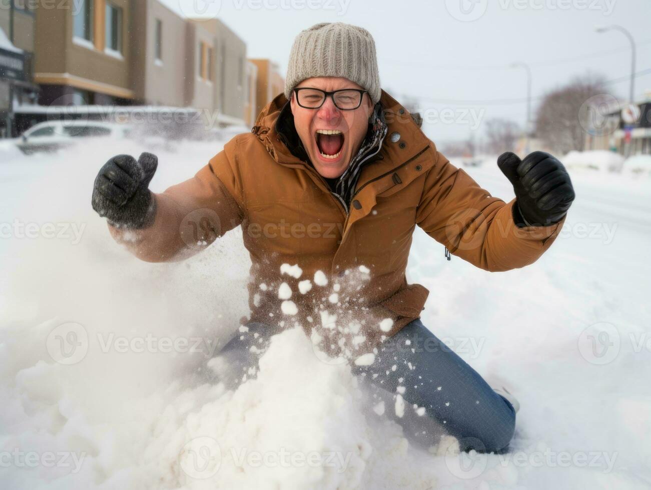 Man enjoys the winter snowy day in playful pose AI Generative photo