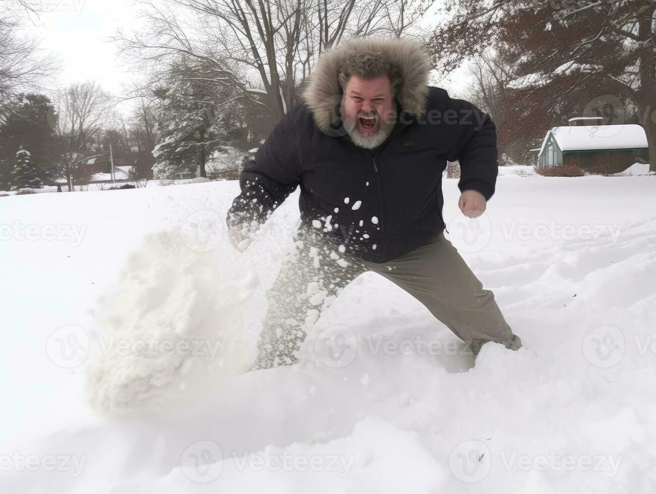 hombre disfruta el invierno Nevado día en juguetón actitud ai generativo foto