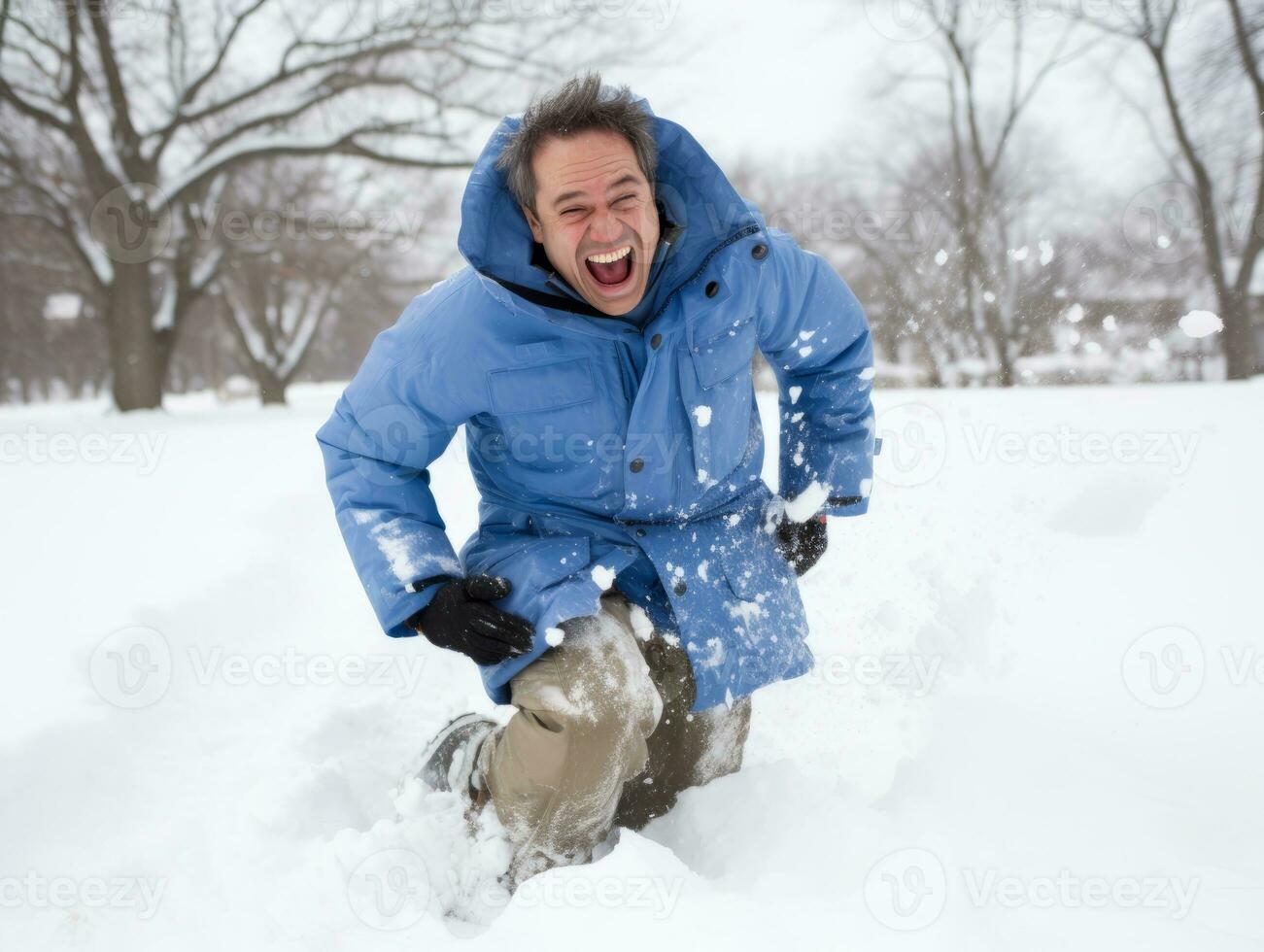 Man enjoys the winter snowy day in playful pose AI Generative photo
