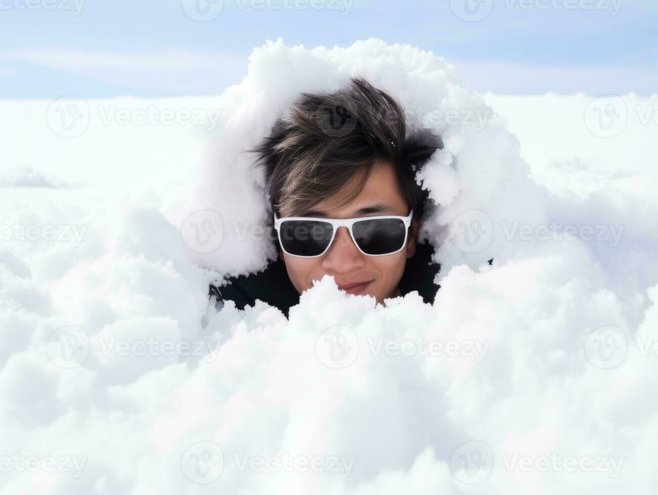 Man enjoys the winter snowy day in playful pose AI Generative photo