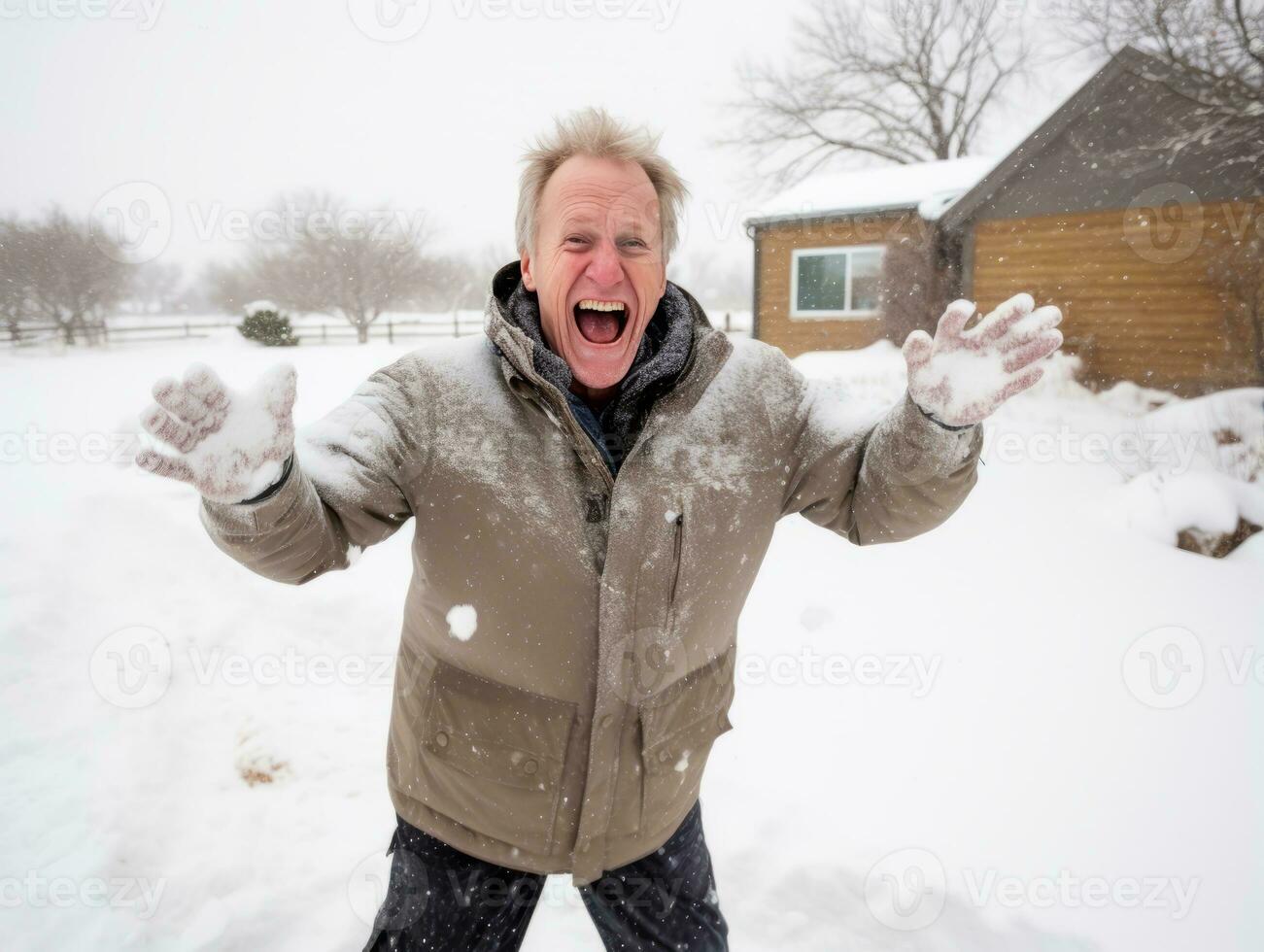 hombre disfruta el invierno Nevado día en juguetón actitud ai generativo foto