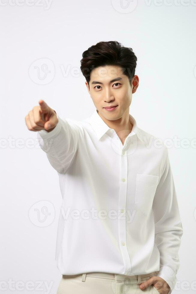 Handsome asian man emotional dynamic gestures on solid background AI Generative photo