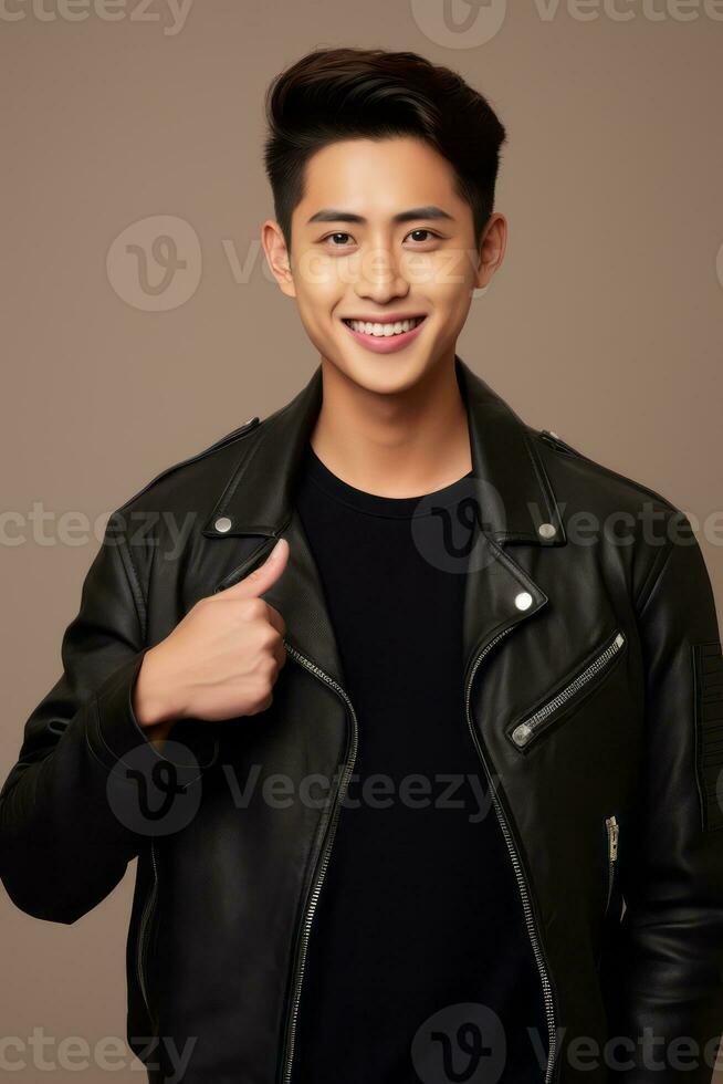 Handsome asian man emotional dynamic gestures on solid background AI Generative photo