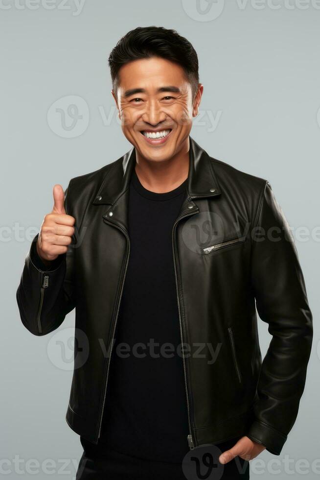 Handsome asian man emotional dynamic gestures on solid background AI Generative photo