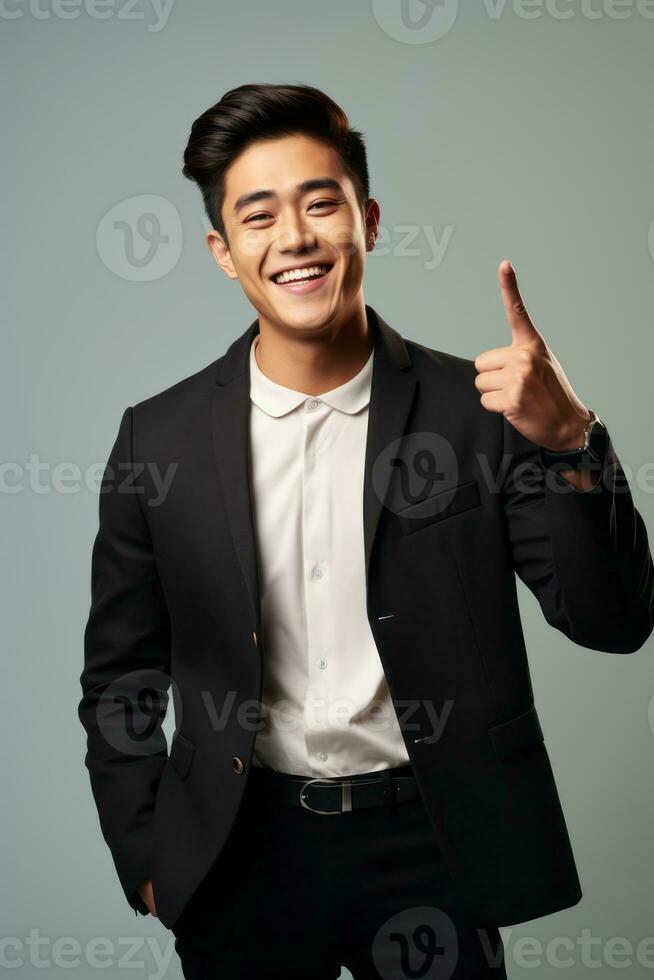 Handsome asian man emotional dynamic gestures on solid background AI Generative photo