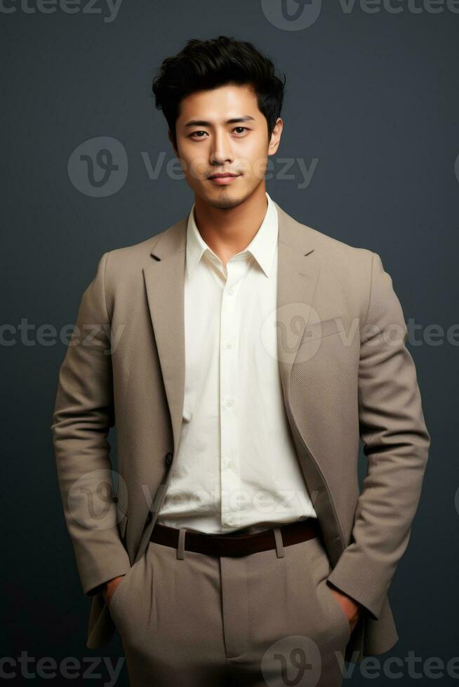 Handsome asian man emotional dynamic gestures on solid background AI Generative photo