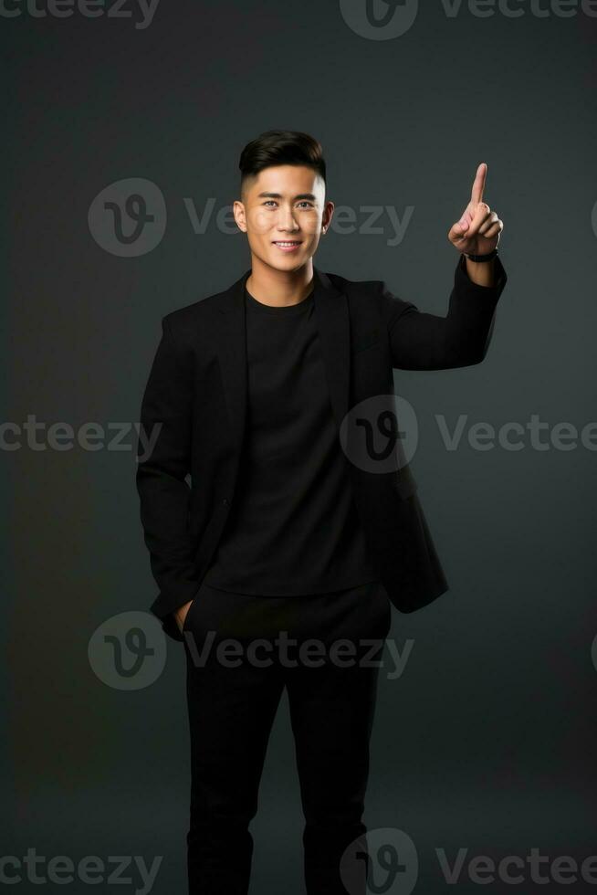 Handsome asian man emotional dynamic gestures on solid background AI Generative photo