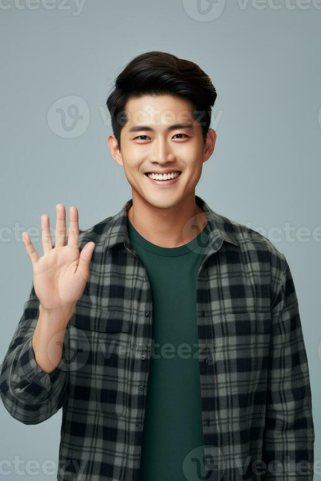 Handsome asian man emotional dynamic gestures on solid background AI Generative photo