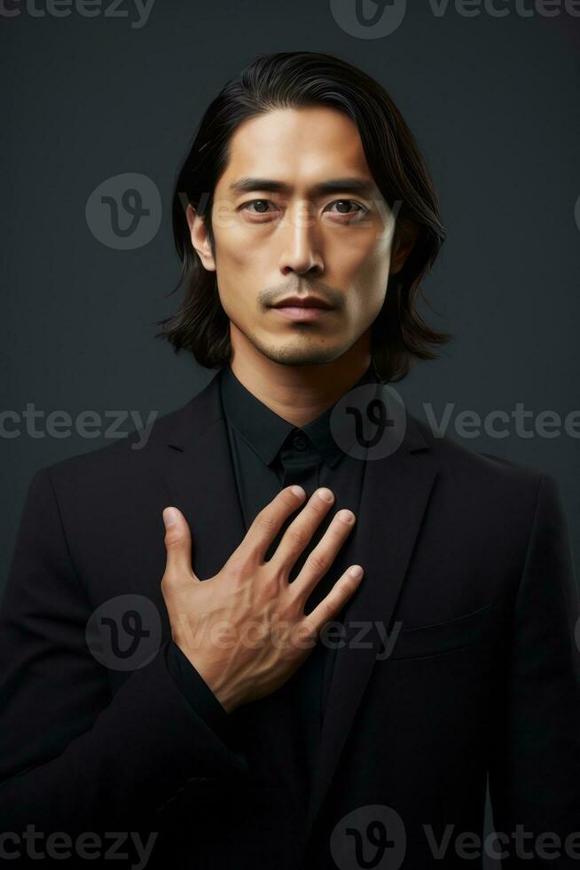 Handsome asian man emotional dynamic gestures on solid background AI Generative photo