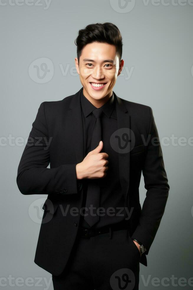 Handsome asian man emotional dynamic gestures on solid background AI Generative photo