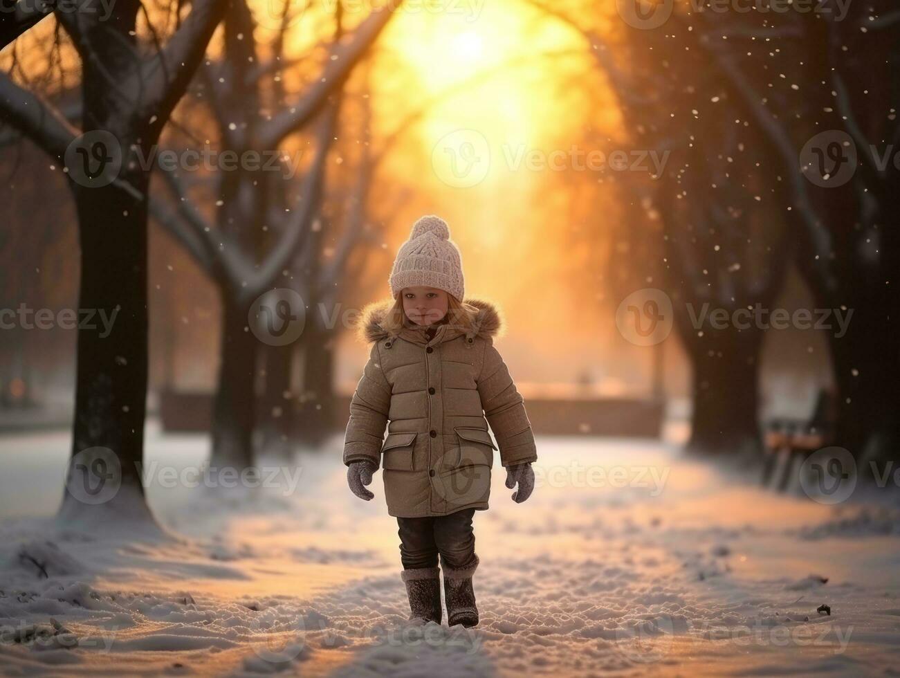 Kid enjoys a leisurely walk in a winter day AI Generative photo