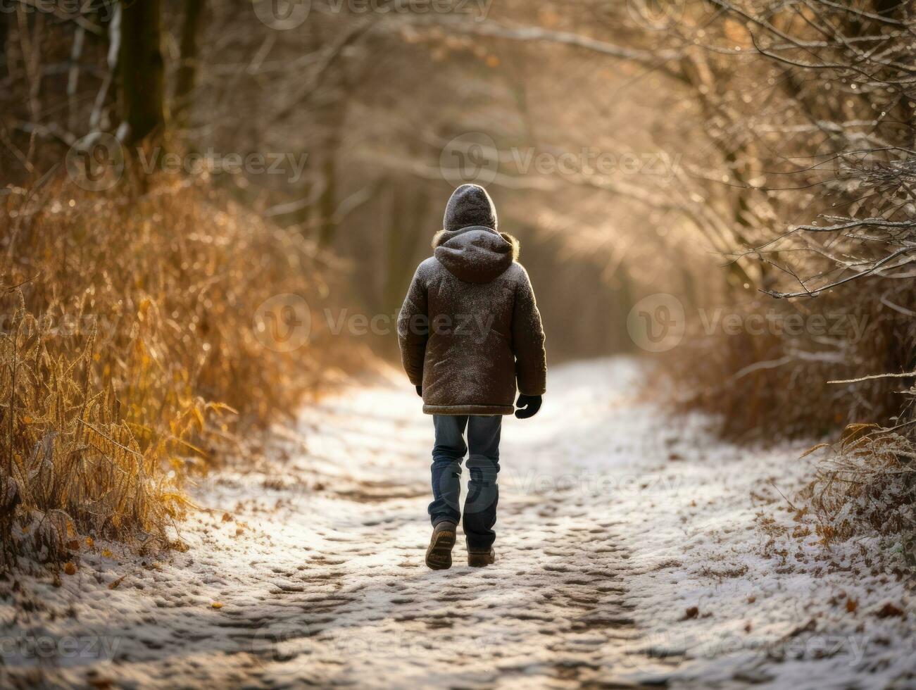 niño disfruta un sin prisa caminar en un invierno día ai generativo foto