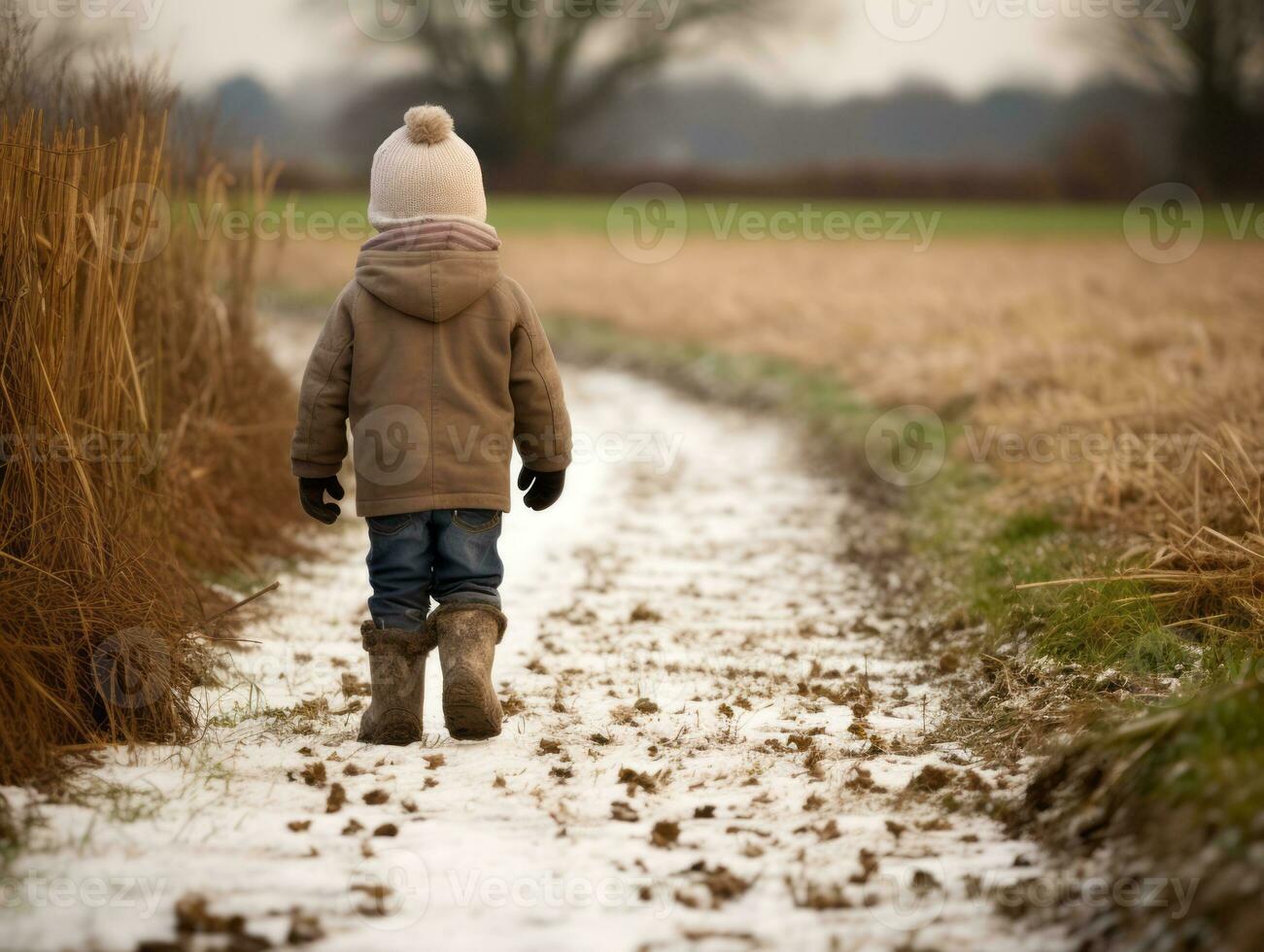 Kid enjoys a leisurely walk in a winter day AI Generative photo