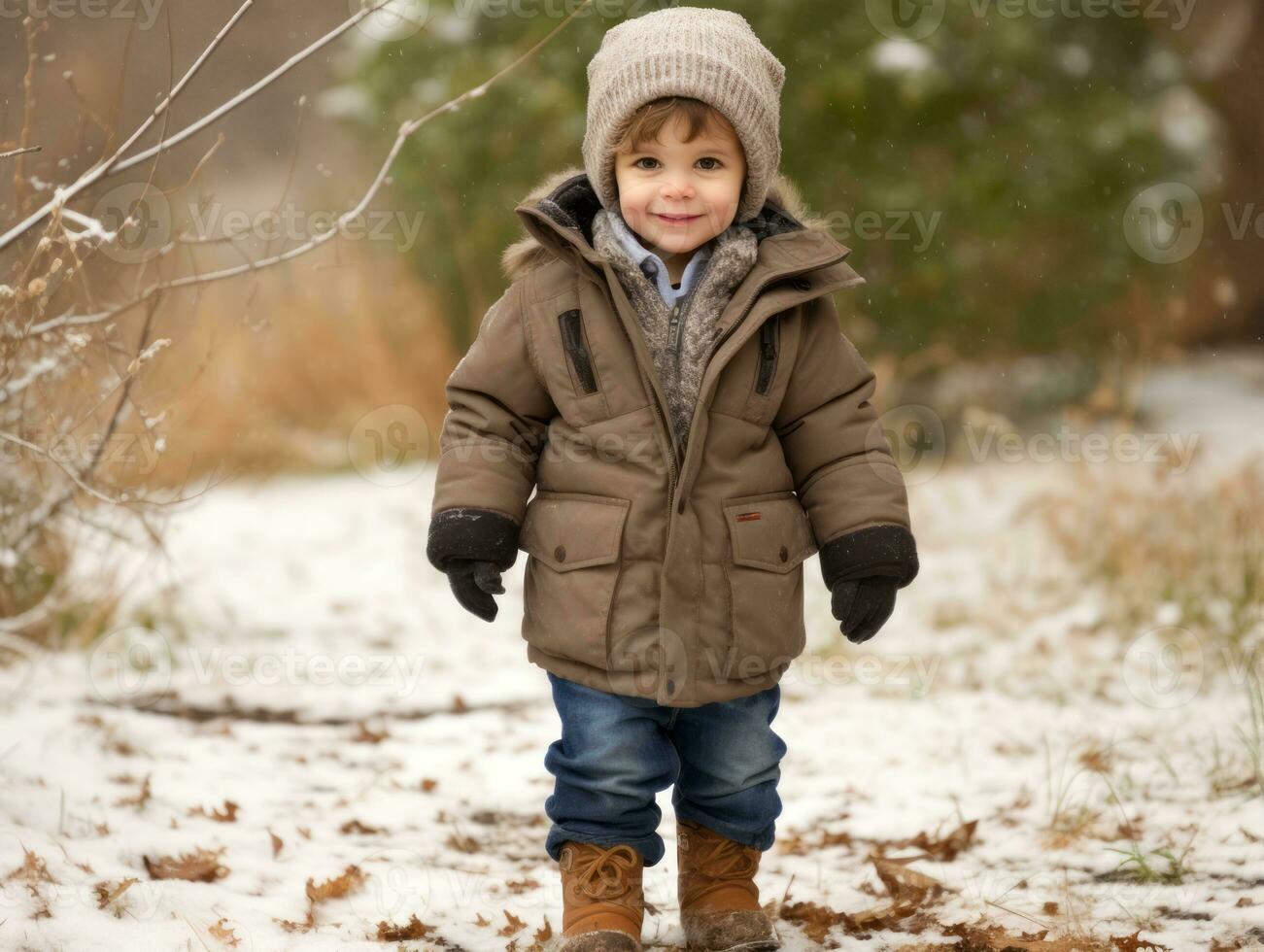 Kid enjoys a leisurely walk in a winter day AI Generative photo