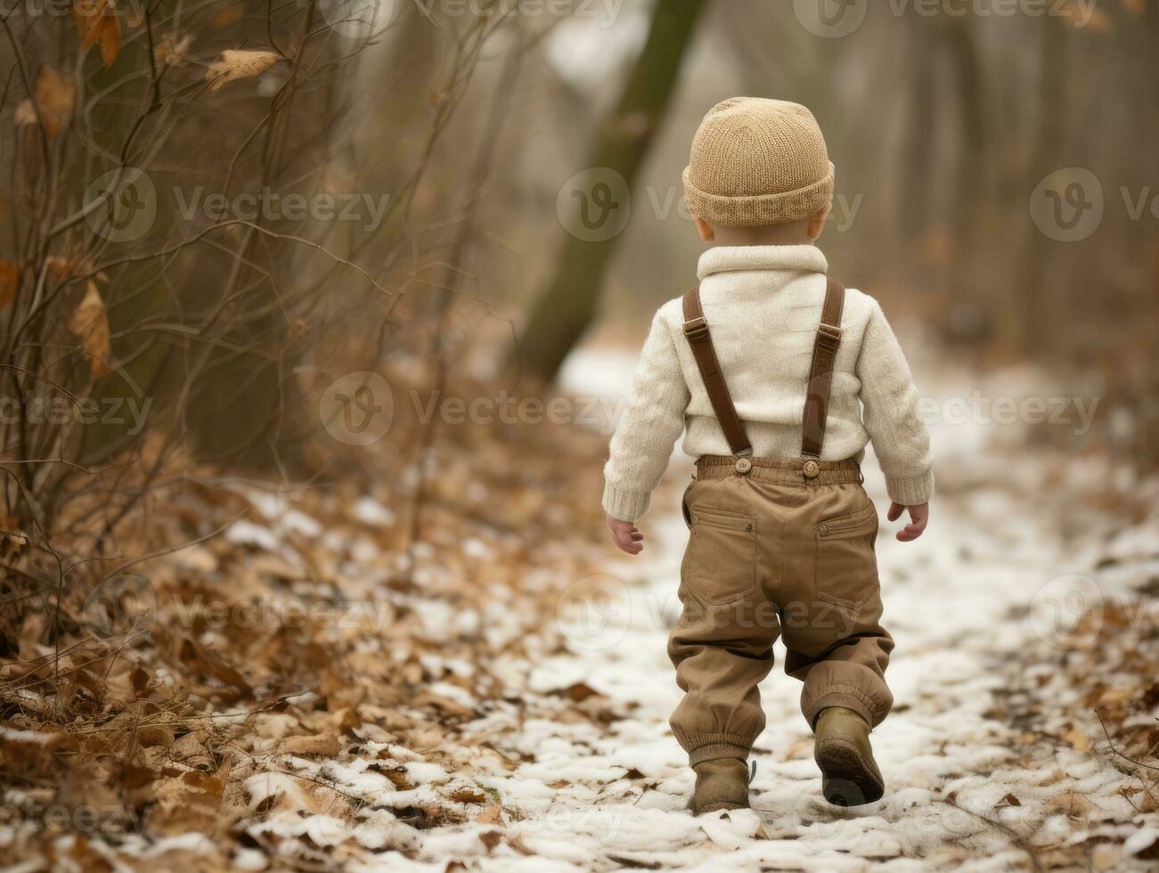 Kid enjoys a leisurely walk in a winter day AI Generative photo