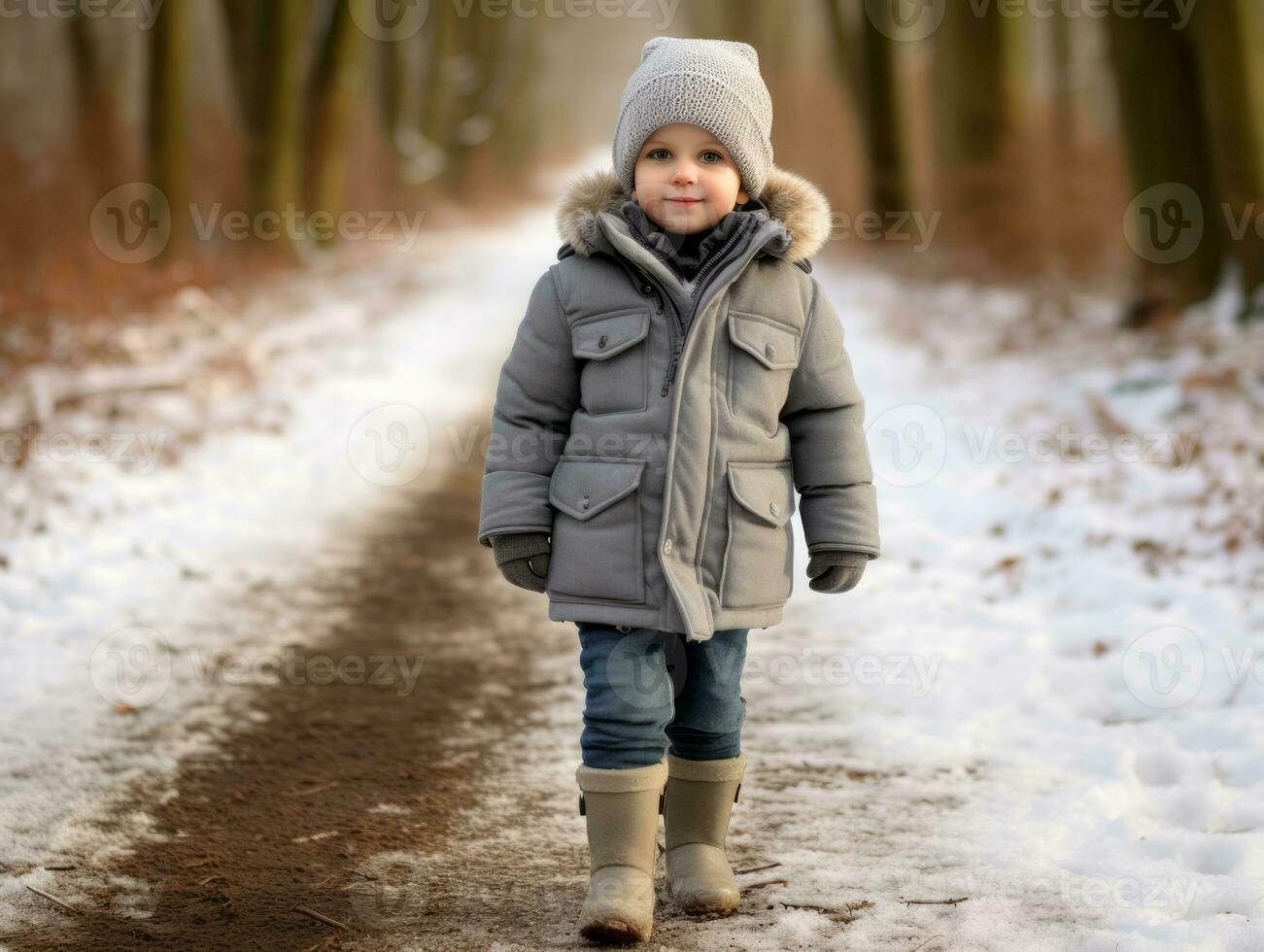 niño disfruta un sin prisa caminar en un invierno día ai generativo foto