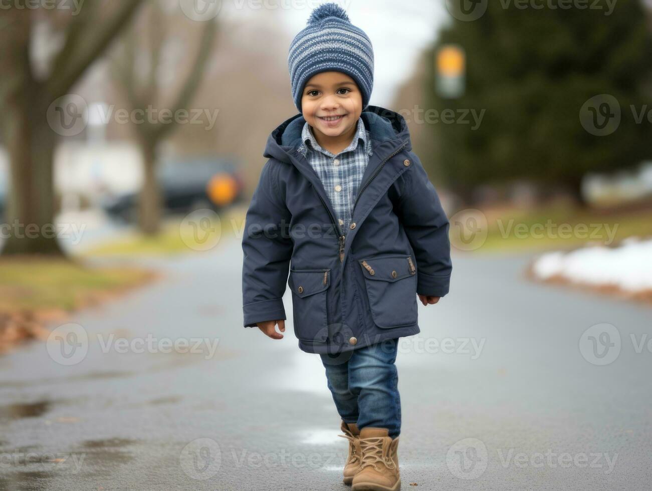 Kid enjoys a leisurely walk in a winter day AI Generative photo