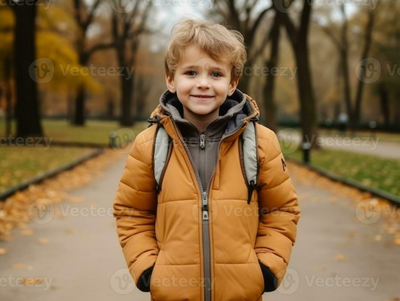 Kid enjoys a leisurely walk in a winter day AI Generative photo