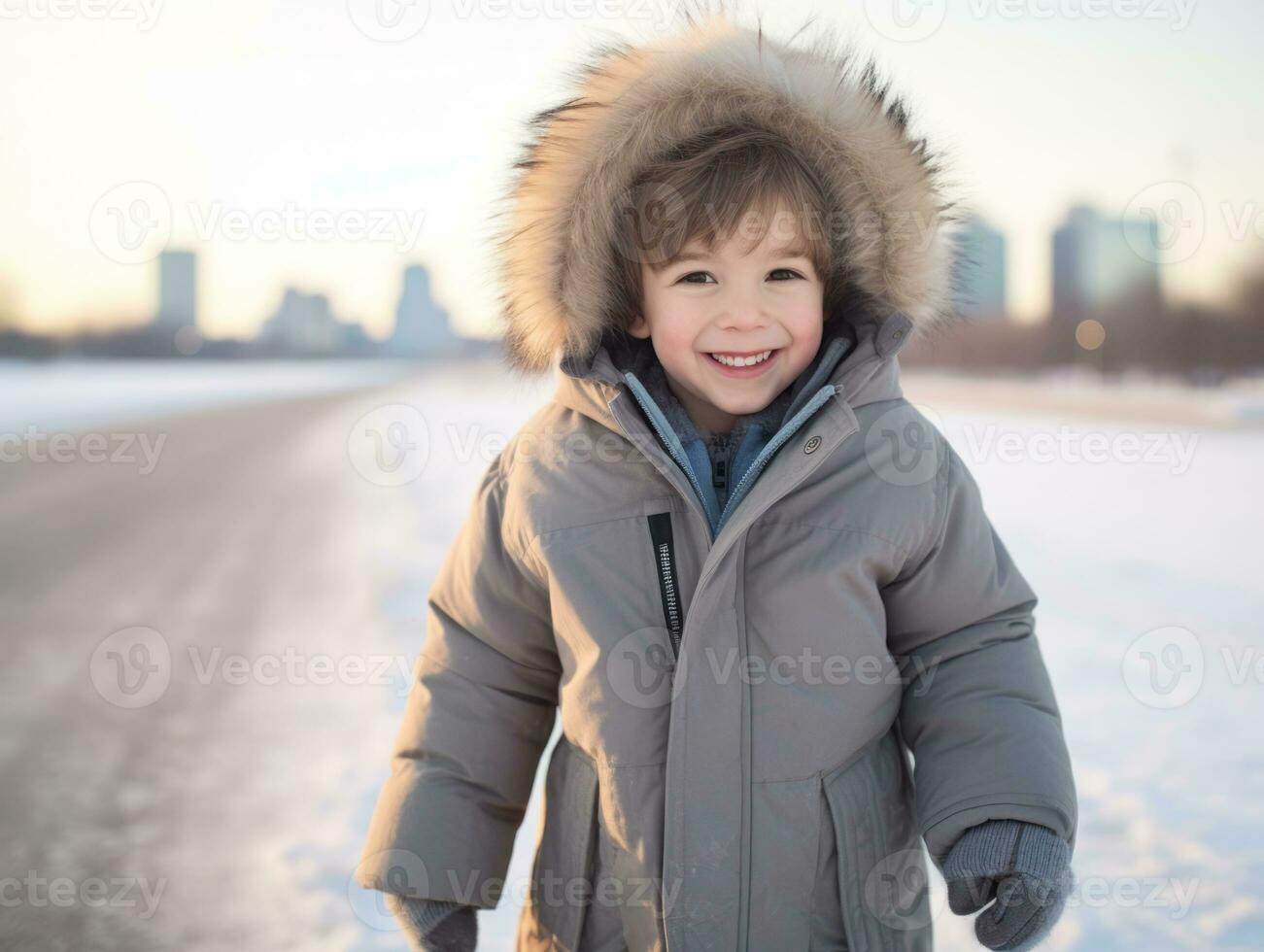 Kid enjoys a leisurely walk in a winter day AI Generative photo