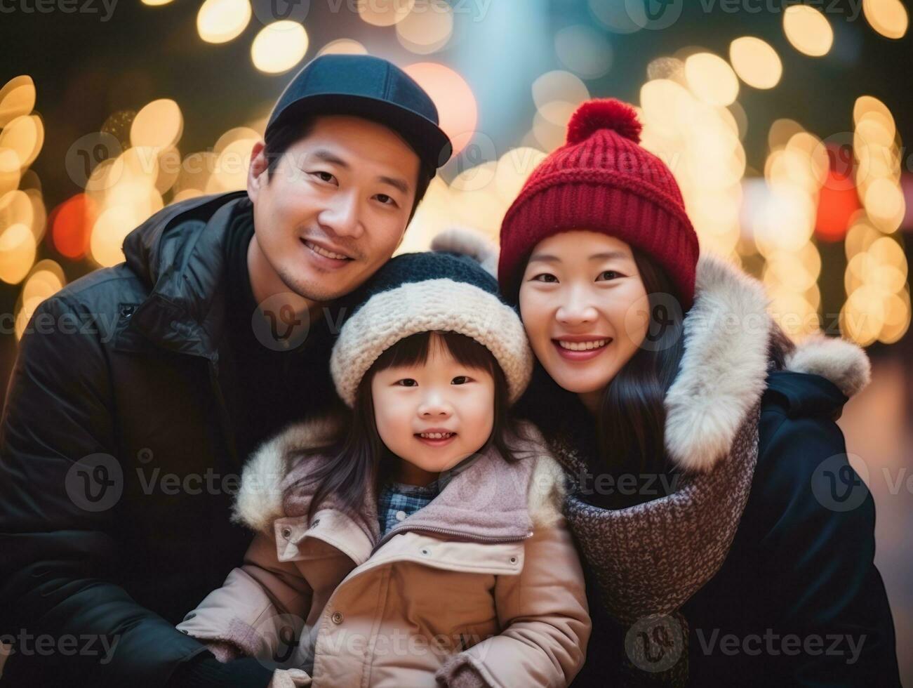 asiático familia disfruta celebrando Navidad víspera juntos ai generativo foto