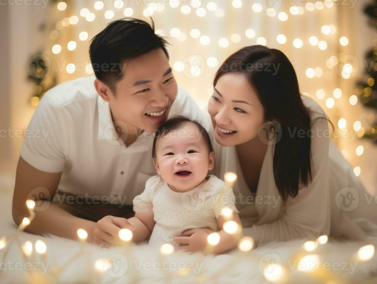 asiático familia disfruta celebrando Navidad víspera juntos ai generativo foto