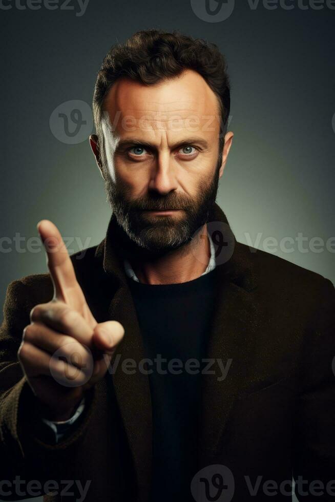 Handsome 40 year old man emotional dynamic gestures on solid background AI Generative photo
