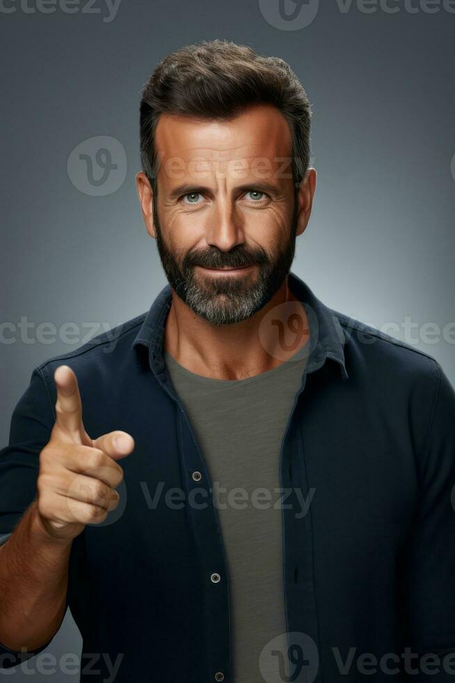 Handsome 40 year old man emotional dynamic gestures on solid background AI Generative photo