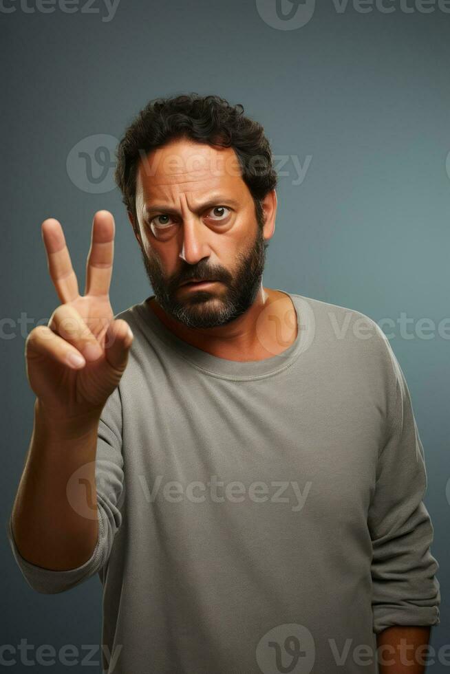Handsome 40 year old man emotional dynamic gestures on solid background AI Generative photo