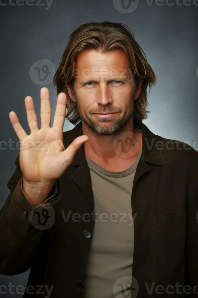 Handsome 40 year old man emotional dynamic gestures on solid background AI Generative photo