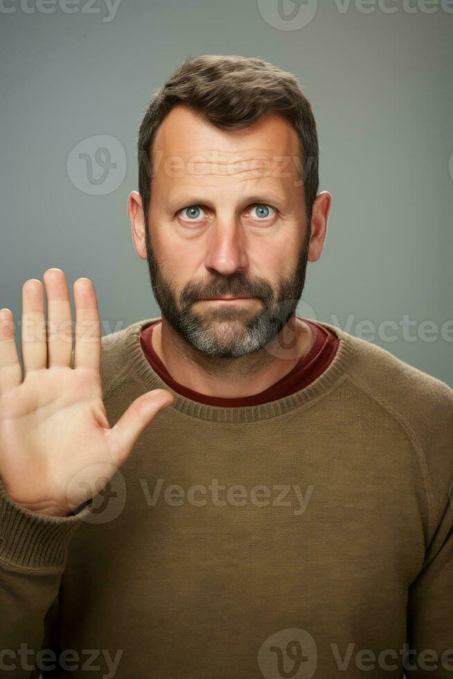 Handsome 40 year old man emotional dynamic gestures on solid background AI Generative photo