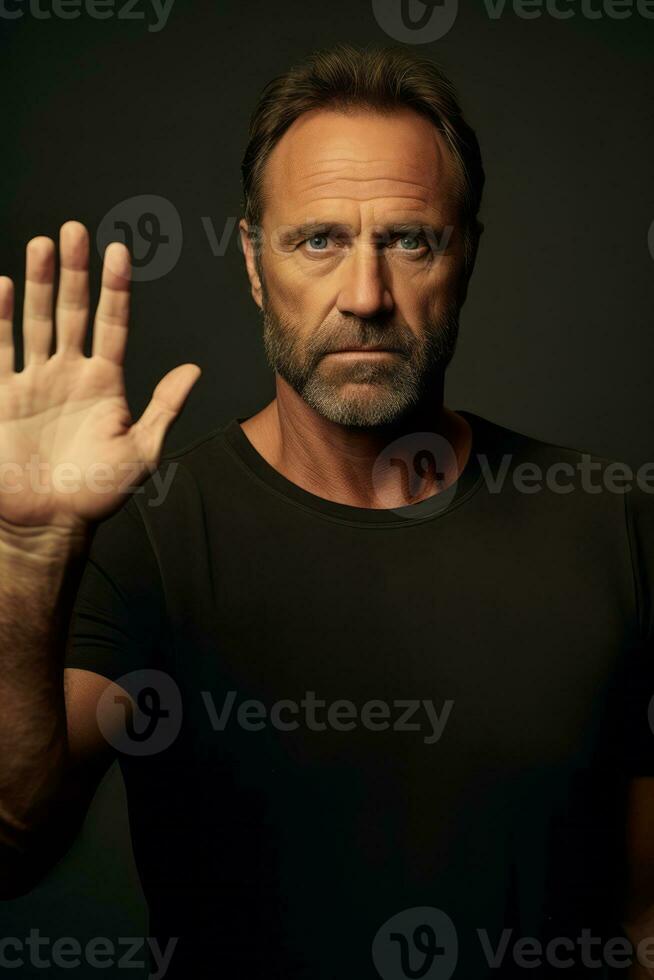 Handsome 40 year old man emotional dynamic gestures on solid background AI Generative photo