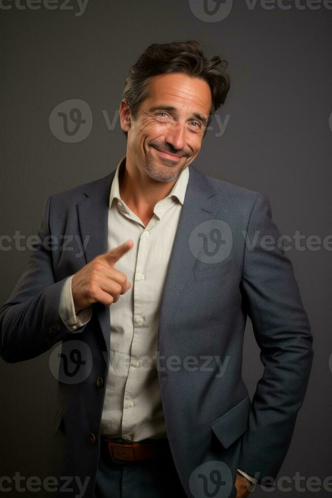 Handsome 40 year old man emotional dynamic gestures on solid background AI Generative photo