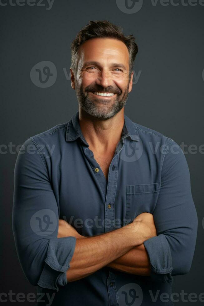 Handsome 40 year old man emotional dynamic gestures on solid background AI Generative photo