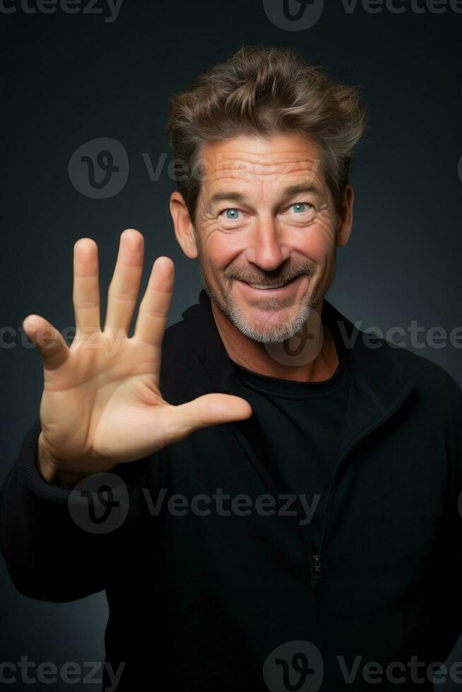 Handsome 40 year old man emotional dynamic gestures on solid background AI Generative photo