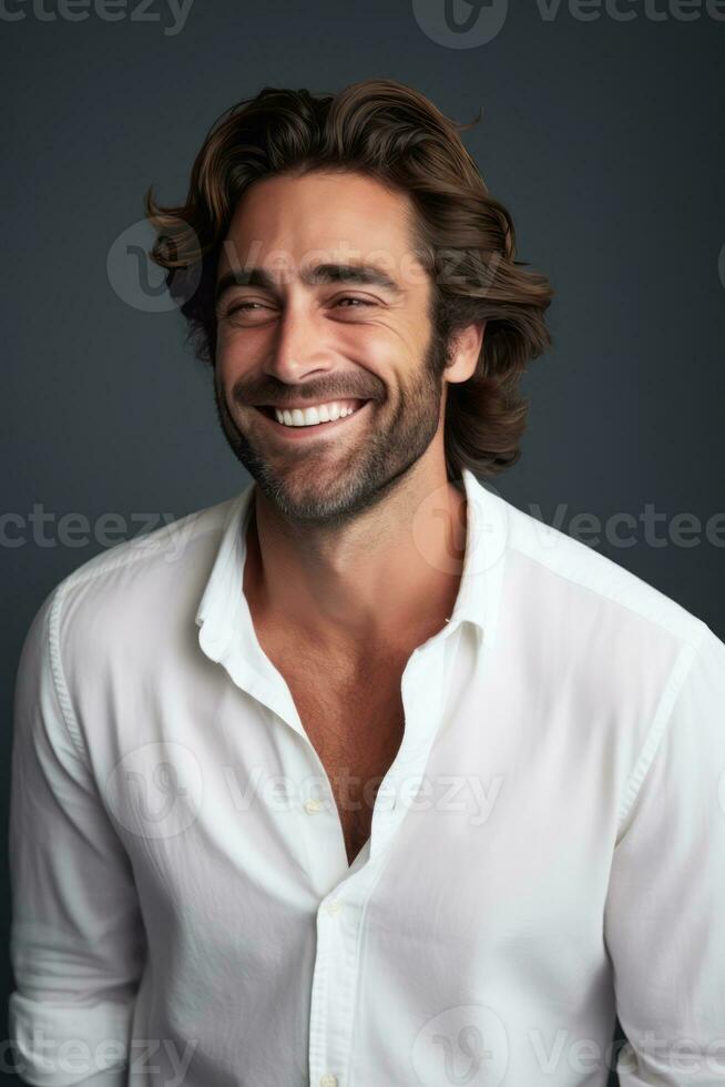 Man emotional dynamic gestures portrait on solid background AI Generative photo
