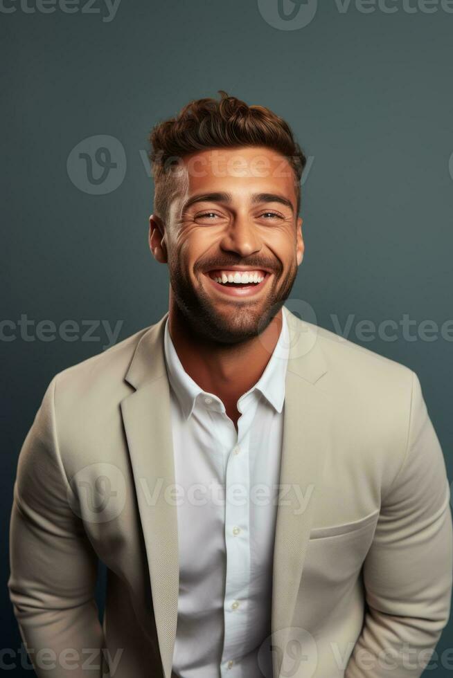 Man emotional dynamic gestures portrait on solid background AI Generative photo