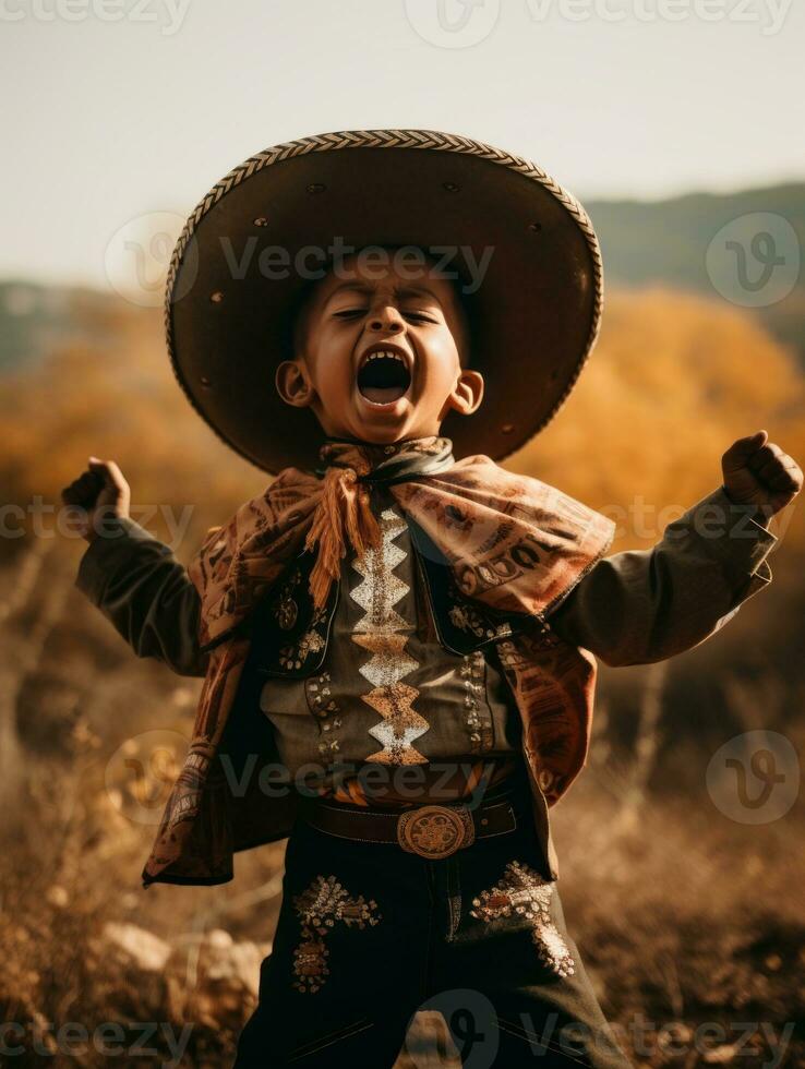 Mexican kid in emotional dynamic pose on autumn background AI Generative photo