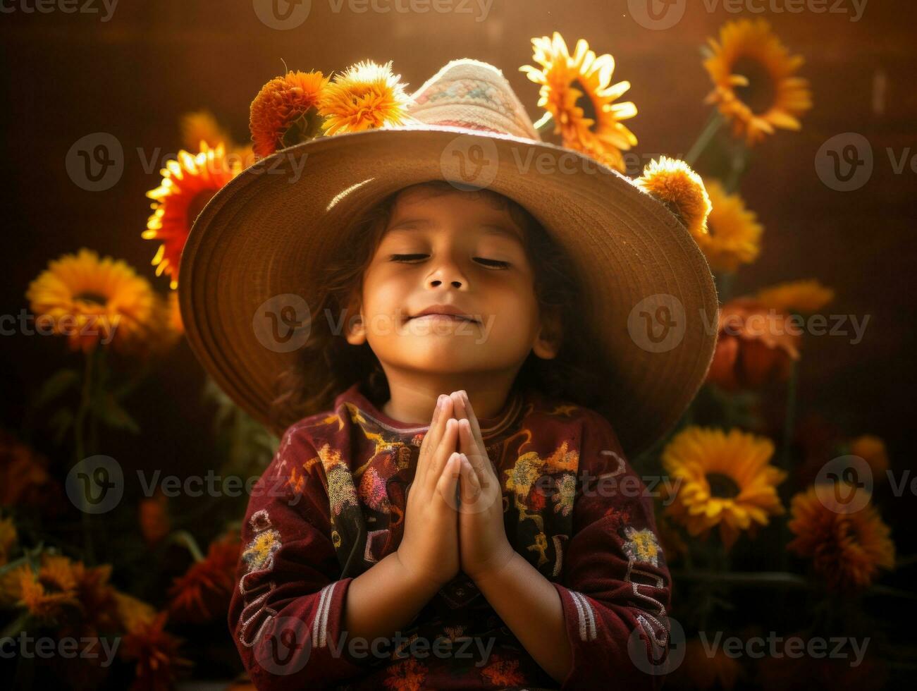 Mexican kid in emotional dynamic pose on autumn background AI Generative photo