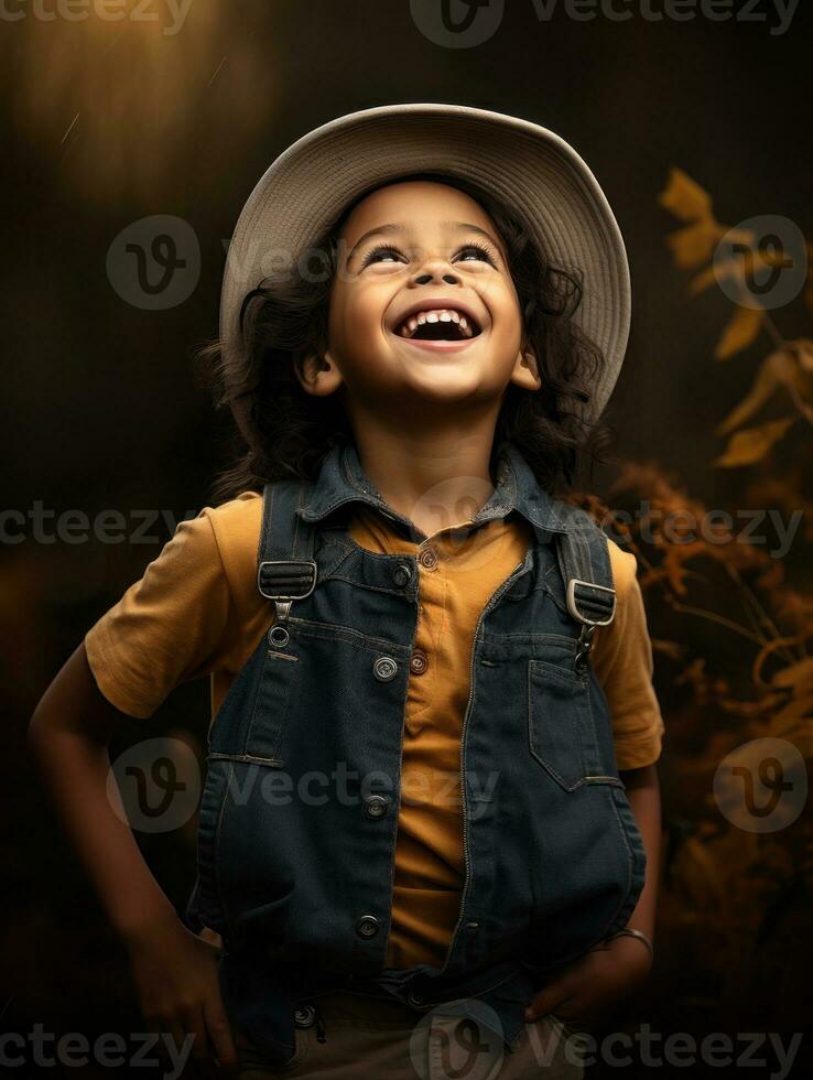 Mexican kid in emotional dynamic pose on autumn background AI Generative photo