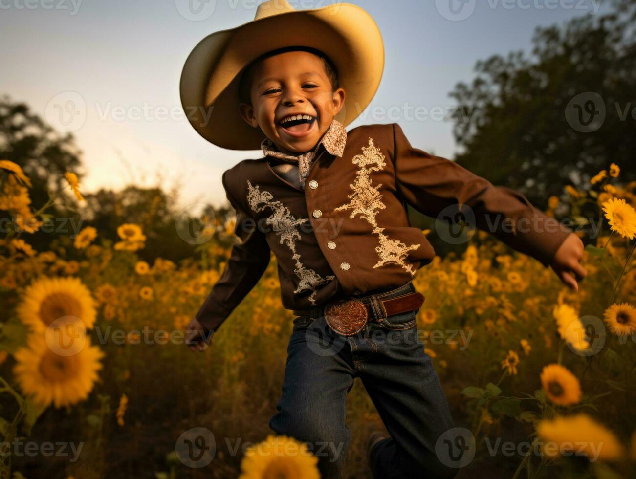 Mexican kid in emotional dynamic pose on autumn background AI Generative photo