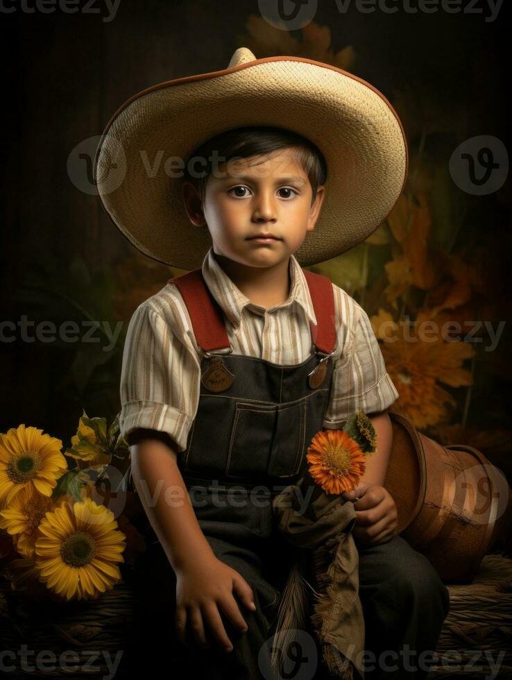 Mexican kid in emotional dynamic pose on autumn background AI Generative photo