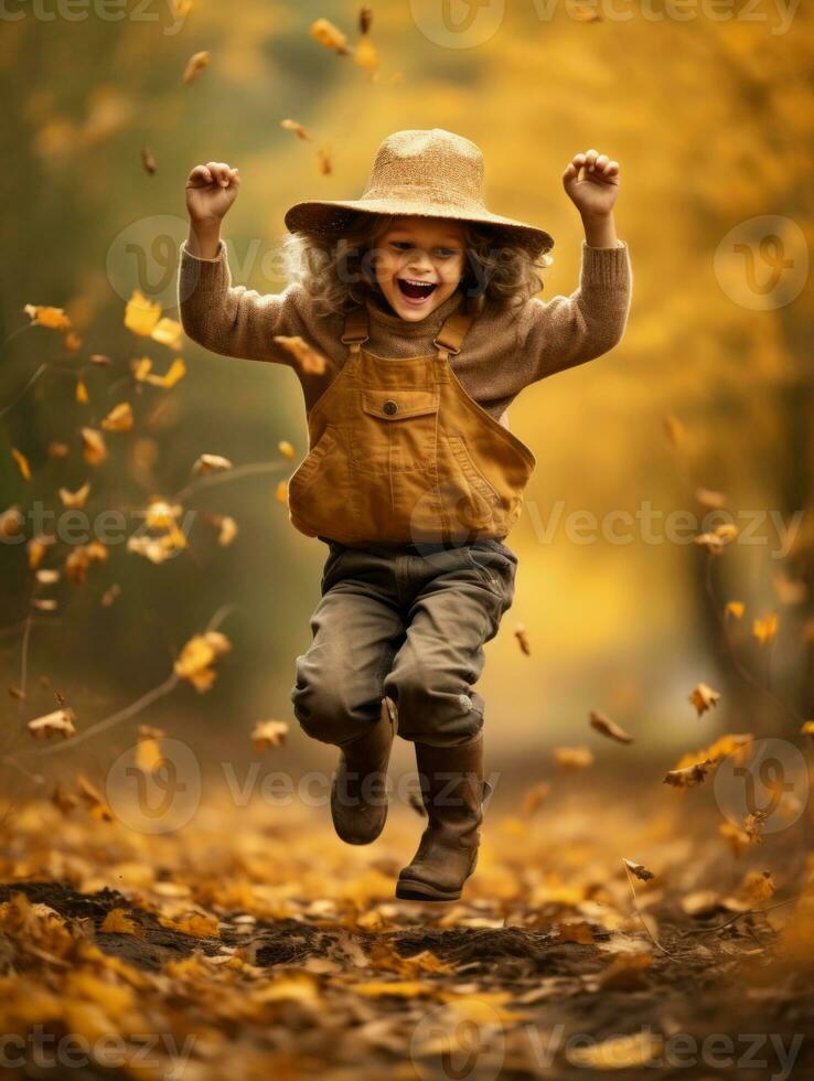 Mexican kid in emotional dynamic pose on autumn background AI Generative photo