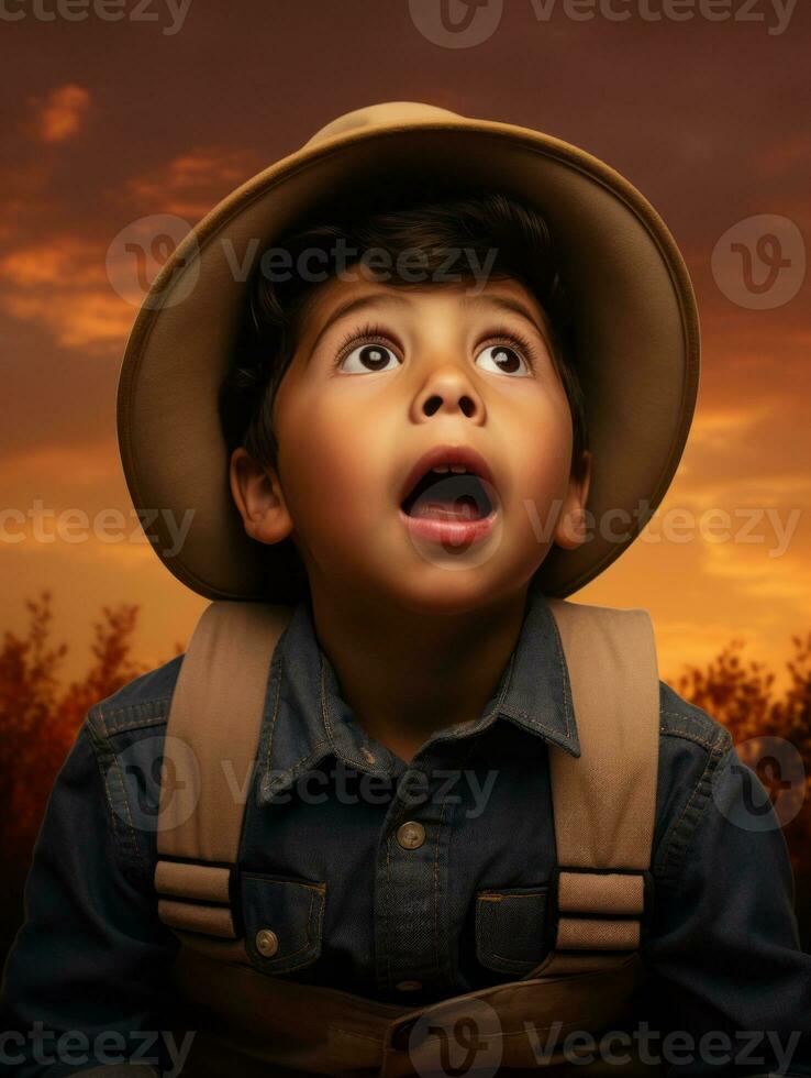 Mexican kid in emotional dynamic pose on autumn background AI Generative photo