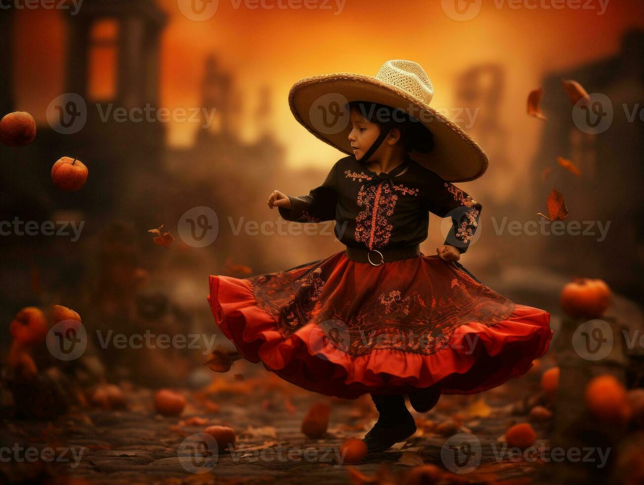 Mexican kid in emotional dynamic pose on autumn background AI Generative photo