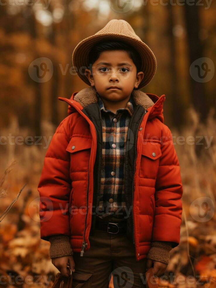 Mexican kid in emotional dynamic pose on autumn background AI Generative photo