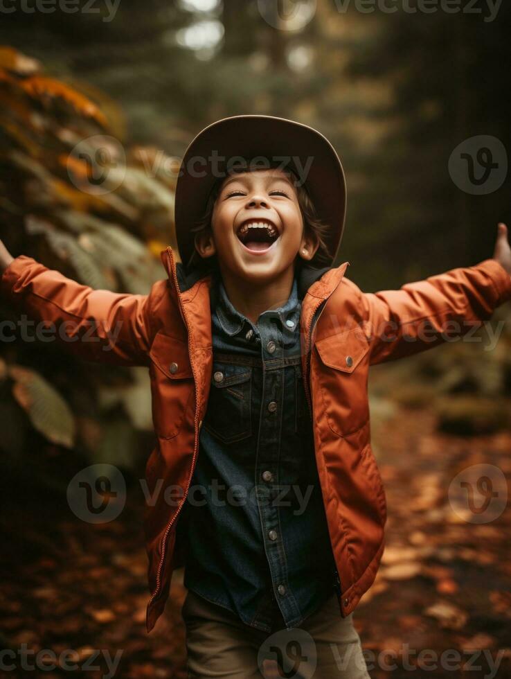 Mexican kid in emotional dynamic pose on autumn background AI Generative photo