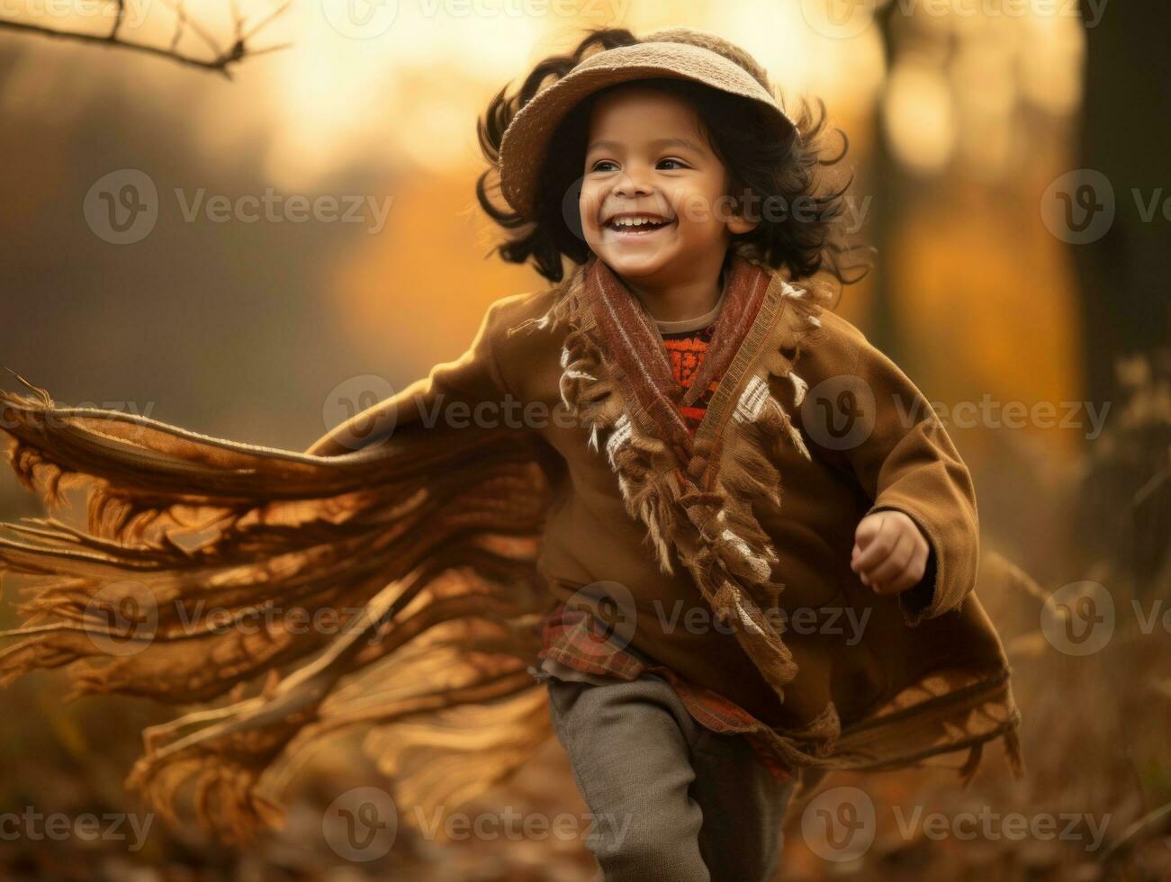 Mexican kid in emotional dynamic pose on autumn background AI Generative photo