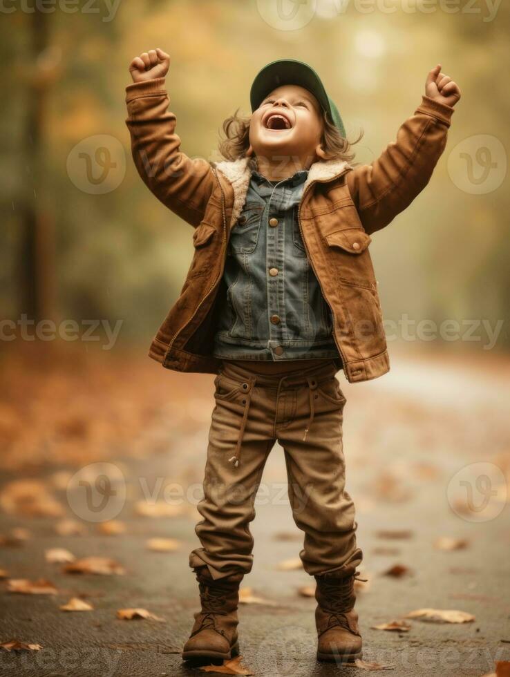 Mexican kid in emotional dynamic pose on autumn background AI Generative photo