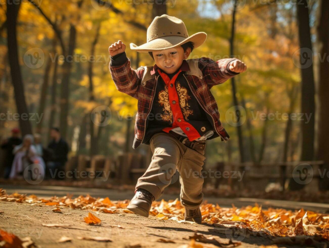 Mexican kid in emotional dynamic pose on autumn background AI Generative photo