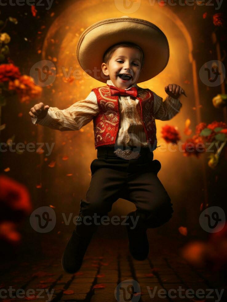 Mexican kid in emotional dynamic pose on autumn background AI Generative photo